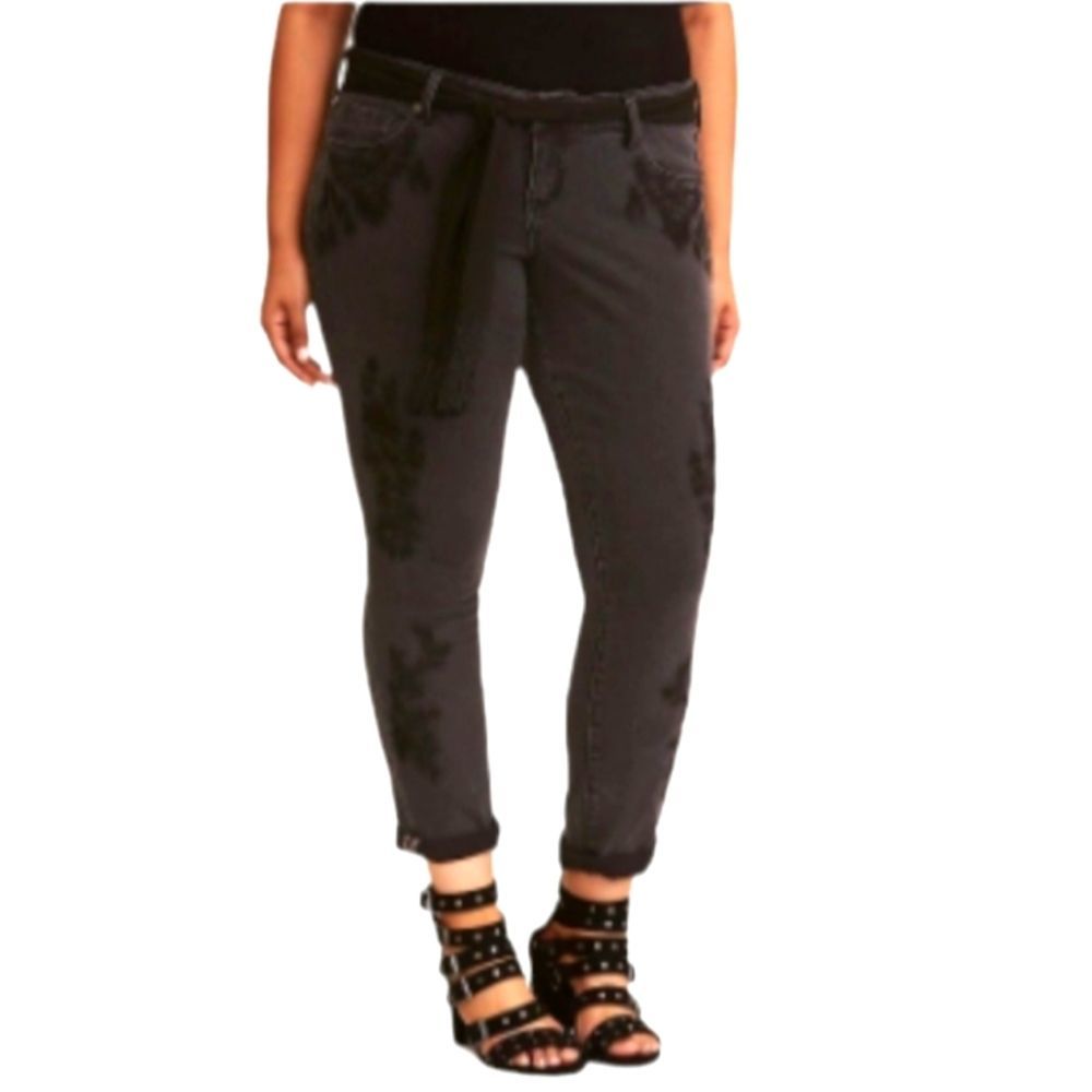 TORRID Premium High Rise Black Floral Embroidered Boyfriend Belted Jeans 14R